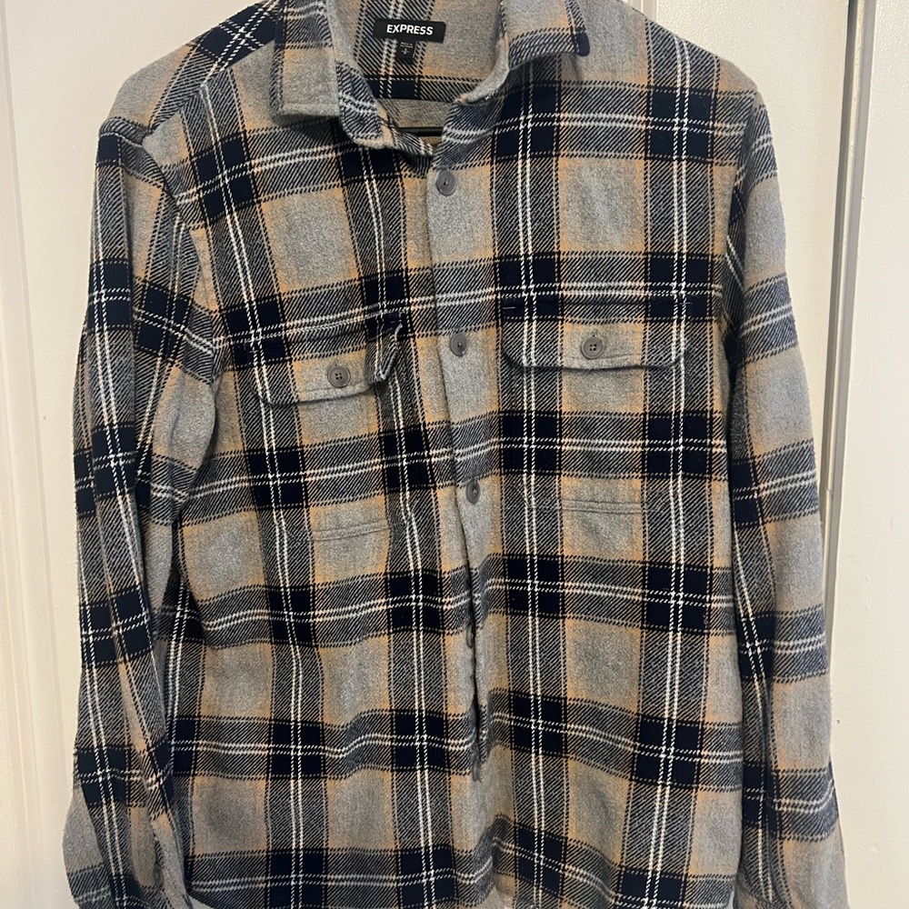 Express Men's Checkered Shirt Jacket - navy, Gray, and Tan